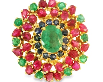 22K and 18K Yellow Gold Estate Ruby Emerald Sapphire Cocktail Ring