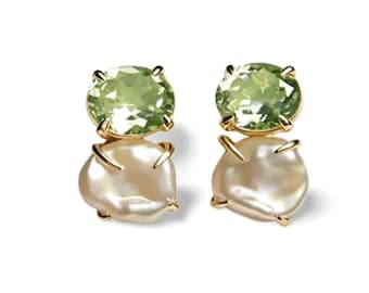 14K Yellow Gold Vermeil Silver Green Amethyst Baroque Pearl Designer Drop Earrings