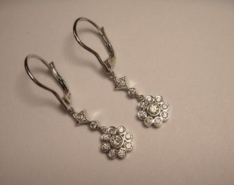 Elegant Estate 14K White Gold Floral Flower Diamond Drop Dangle Earrings