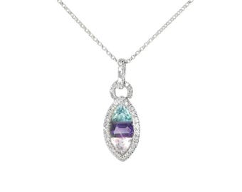 14K White Gold Amethyst Topaz Sapphire Diamond Necklace Pendant