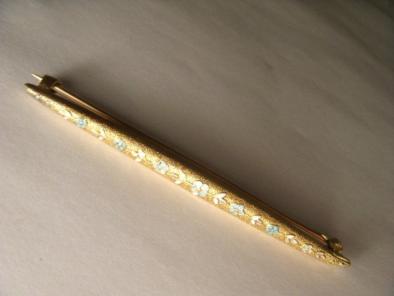 Victorian Antique 14K Gold Enamel Floral Bar Pin … - image 1