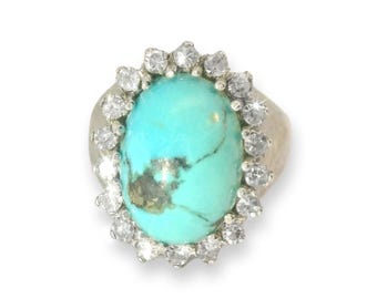 Bague cocktail faite main turquoise et diamants en or blanc 18 carats