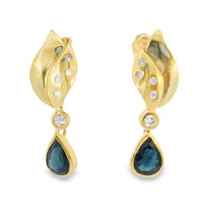 Wunderschöne Nachlass 14K Gelbgold Diamant Saphir Tropfen Birne Baumeln Ohrringe