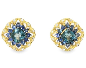 14K Yellow Gold Blue Topaz Sapphire Diamond Stud Earrings