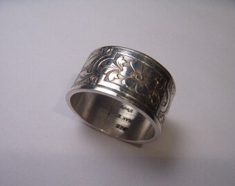 Stunning Antique Estate Sterling Silver 925 Etched Wide Wedding Band Ring