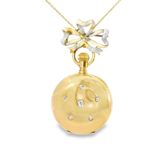18K Yellow Gold Tiffany Co Diamond Enamel Pocket Watch Necklace Pendant