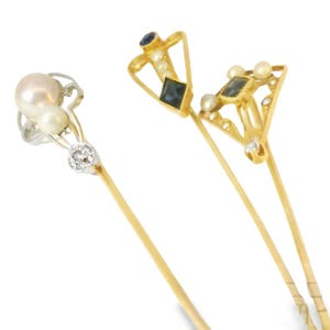 14K Yellow White Gold Sapphire Diamond Seed Pearl Stick Victorian Pin Set image 2