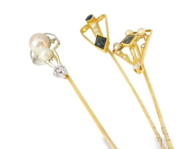 14K Yellow White Gold Sapphire Diamond Seed Pearl Stick Victorian Pin Set image 2