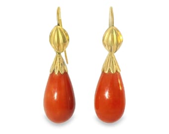Antique Estate 18K Gold Carved Cameo Red Coral Undyed Drop Dangle Earrings