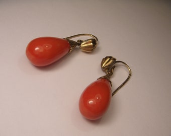 Antique Estate 18K Gold Carved Cameo Red Coral Undyed Drop Dangle Earrings