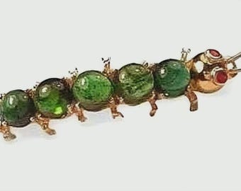14K Yellow Gold Cabochon Peridot Caterpillar Brooch Pin with Rubies – 2 Inch Length