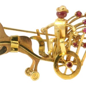14K Gold Carriage Horse Brooch Antique with Rubies and Movable Wheels