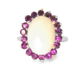 Gorgeous Estate 14K White Gold Huge Opal Rhodolite Garnet Filigree Ring