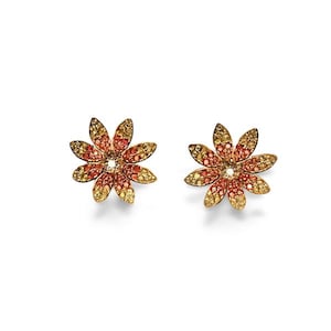 Nachlass 14K Gelbgold Diamant Roter Saphir Blume Ohrstecker Ohrringe Ohrstecker