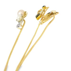 14K Yellow White Gold Sapphire Diamond Seed Pearl Stick Victorian Pin Set image 4