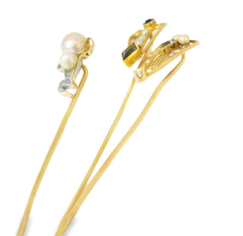 14K Yellow White Gold Sapphire Diamond Seed Pearl Stick Victorian Pin Set image 4
