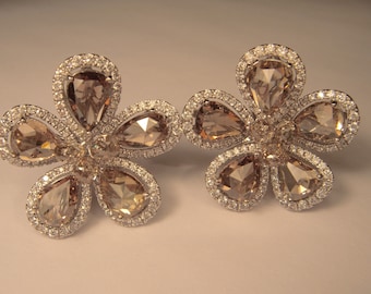 Exquisite 18K White Gold Rose Cut Champagne Diamond Floral Earrings