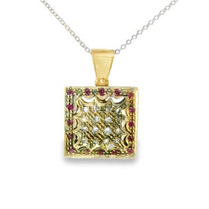 14K Pink Rose Gold Diamond Ruby Filigree Pendant Slide