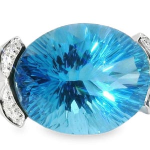 Fabulous Estate Bold 14K White Gold Huge Blue Topaz Diamond Ring