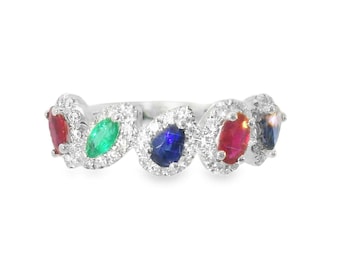 18K White Gold Gemstone Band Ring: Ruby, Sapphire, Emerald, Diamond