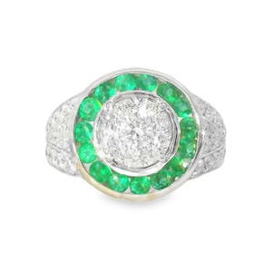 Stunning 18K White Gold Diamond Emerald Art Deco Ring Band