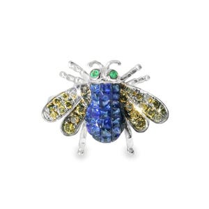 Anello vintage in oro bianco 18 carati con zaffiro, diamanti color champagne e smeraldo, con decorazione a forma di ape e mosca.
