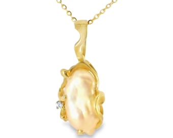 14K Yellow Gold Pink Baroque Pearl Diamond Pendant