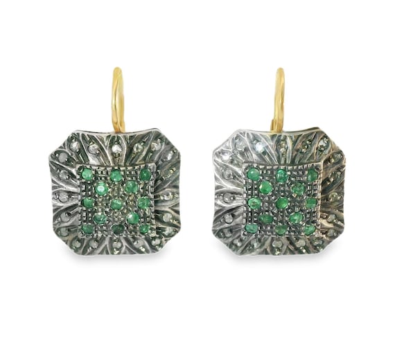 14K Pink Gold Antique Rose Cut Diamond & Emerald … - image 1