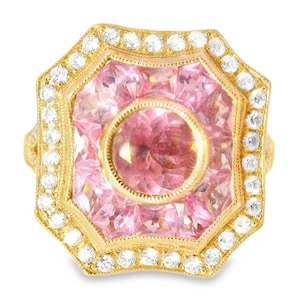 14K roséguld Art Deco-ring: Rosa turmalin, safir, diamant bild 1