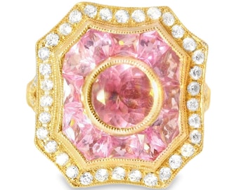 Gorgeous Art Deco 14K Pink Rose Gold Pink Tourmaline Hand Cut Pink Sapphire Diamond Ring Band
