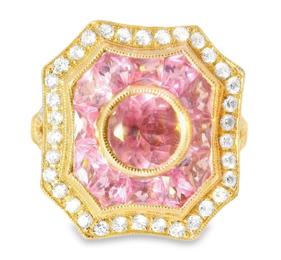 14K Rose Gold Art Deco Ring: Pink Tourmaline, Sapphire, Diamond