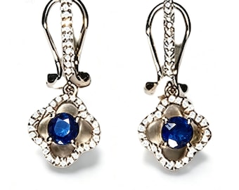 14K White Gold Sapphire Diamond Floral Earrings