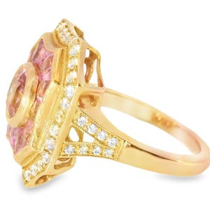 14K roséguld Art Deco-ring: Rosa turmalin, safir, diamant bild 4