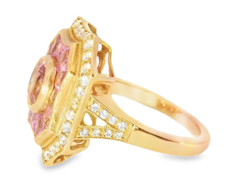 14K roséguld Art Deco-ring: Rosa turmalin, safir, diamant bild 4