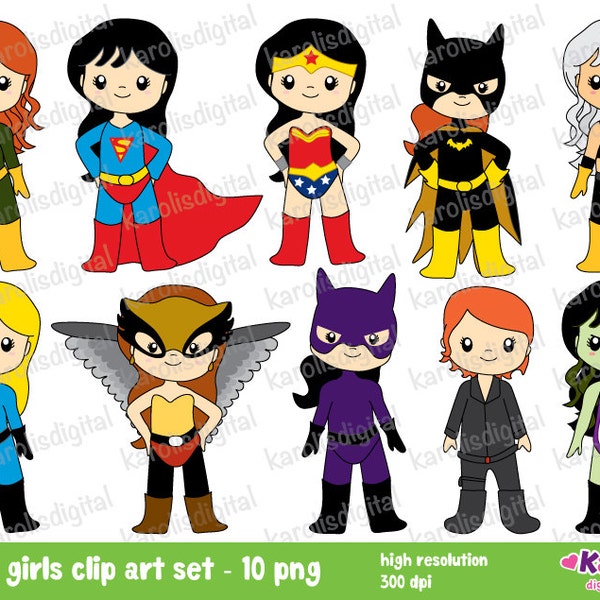 Superhero girls  - wonder woman, cat woman, she hulk, super girl- Personal & commercial use - clip art set