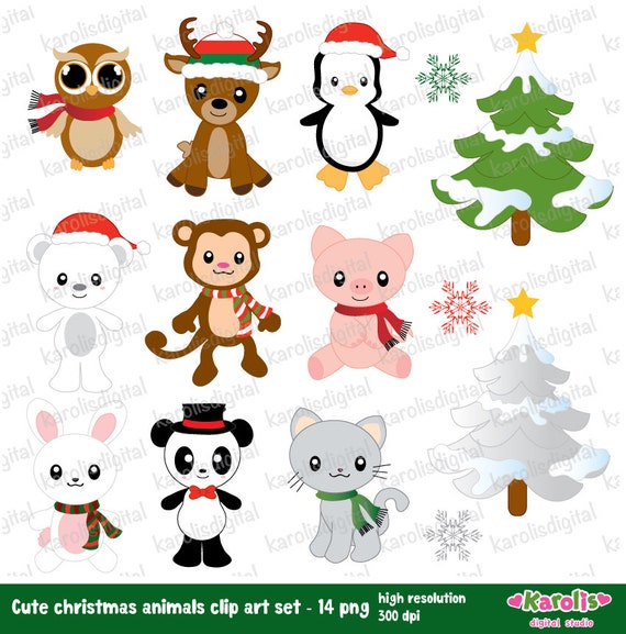 cute christmas animals digital clip art set reindeer cat etsy