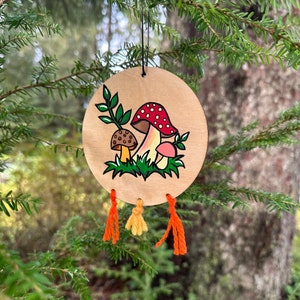 Hand-painted Wooden 1970s Inspired Merry Mushroom Ornament