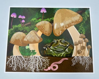 Cute Forest Toad with Mushrooms Wall Art Print