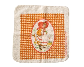 Vintage Holly Hobbie Washcloth with Orange Gingham Pattern - Retro Washcloth - Cottagecore