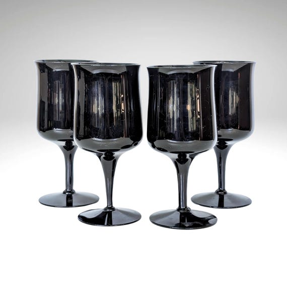 Vintage Fostoria Black Glass Water Goblets -  Biscayne Wine Glasses