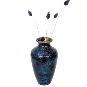 Vintage Chinoiserie Brass Vase with Blue Floral Cloisonne Design - Chinese Enamelware Vase