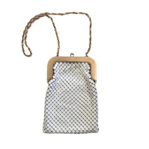 Vintage Whiting & Davis White Metal Mesh Handbag with Gold Metal Frame and Chain Strap
