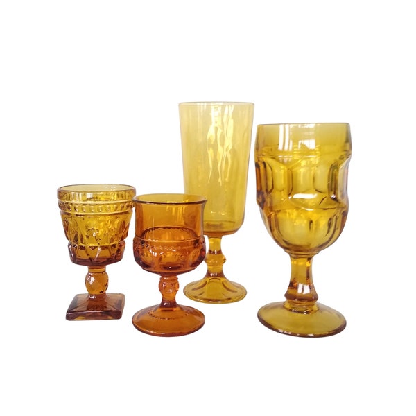 Vintage Honey Amber Glassware Set - Mixed Curated Glassware - Wine Glass - Drinking Glass - Water Goblet - Barware