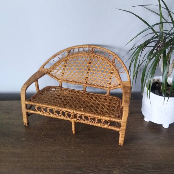 MCM Vintage Small Natural Wicker and Rattan Loveseat - Boho Vintage - Plant Stand - Doll Furniture