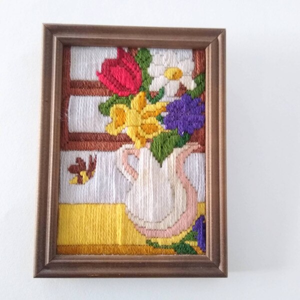 Vintage Floral Framed Crewel Embroidery with Pitcher, Flowers and Bumble Bee - Wall Decor Vintage
