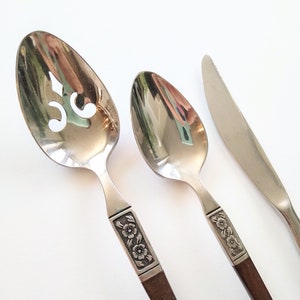Midcentury Vintage Ekco EKS14 Stainless Steel Flatware with Brown Handle and Black Floral Accent