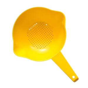 May include: A bright yellow plastic colander featuring a round bowl with a perforated base for draining liquids. The kitchen tool includes a sturdy handle with a circular hole at the end for hanging and a molded pouring spout on the side rim.