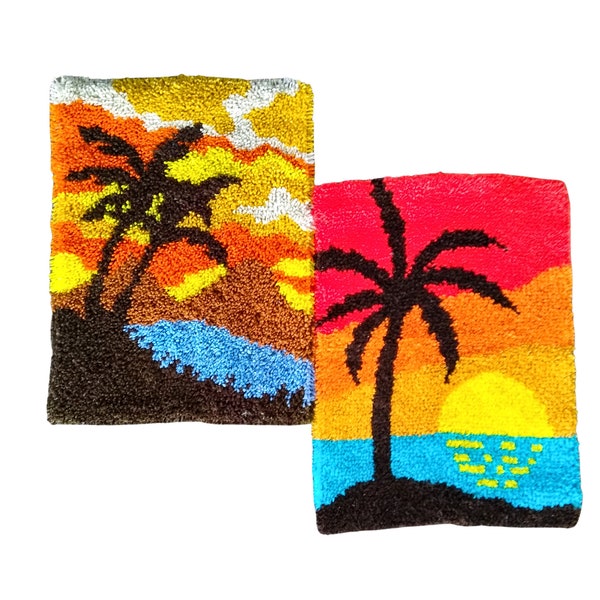 Vintage Latch Hook Wall Hanging or Rug with Beach Palm Tree and Sunset or Sunrise - Latch Hook Rug