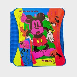 May include: A vintage, colorful Mickey Mouse-themed binder. The cover features Mickey Mouse, Minnie Mouse, Pluto, Horace Horsecollar, and Big Bad Pete. The binder has a blue, ridged spine and a vibrant, cartoon-style design.