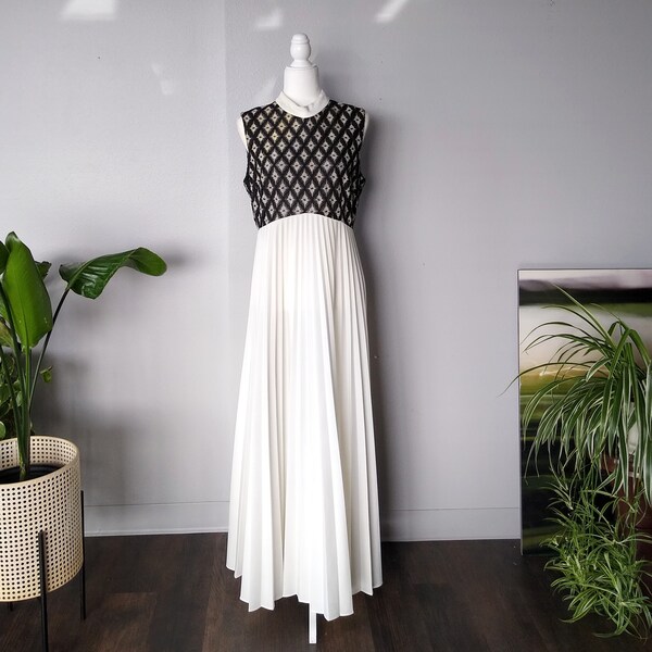 Vintage 1960s Maxi Dress with White Sweeping Accordion Pleated Skirt and Black Textured Sleeveless Bodice